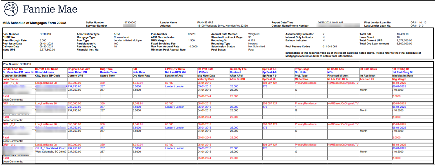 Loan Delivery Job Aids Schedule of Mortgages Report